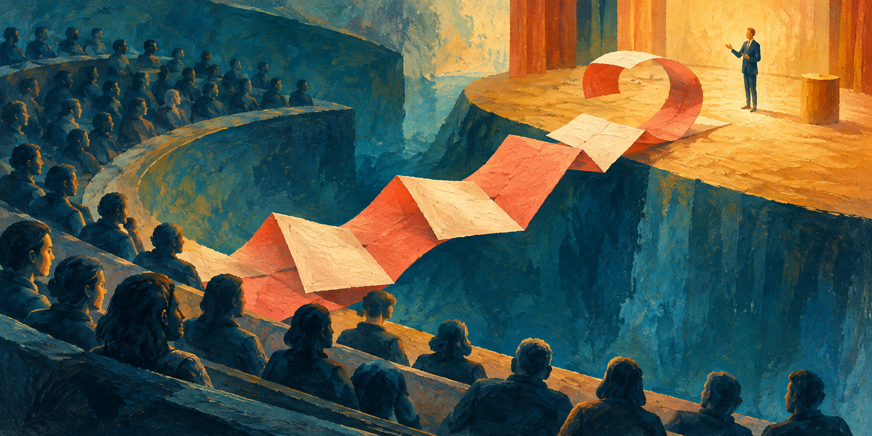 Une peinture aux textures de gouache et d’huile montre une passerelle de papiers corail et ivoire reliant le public d’un amphithéâtre bleu profond à une scène dorée. Sa courbe évoque un point d’interr