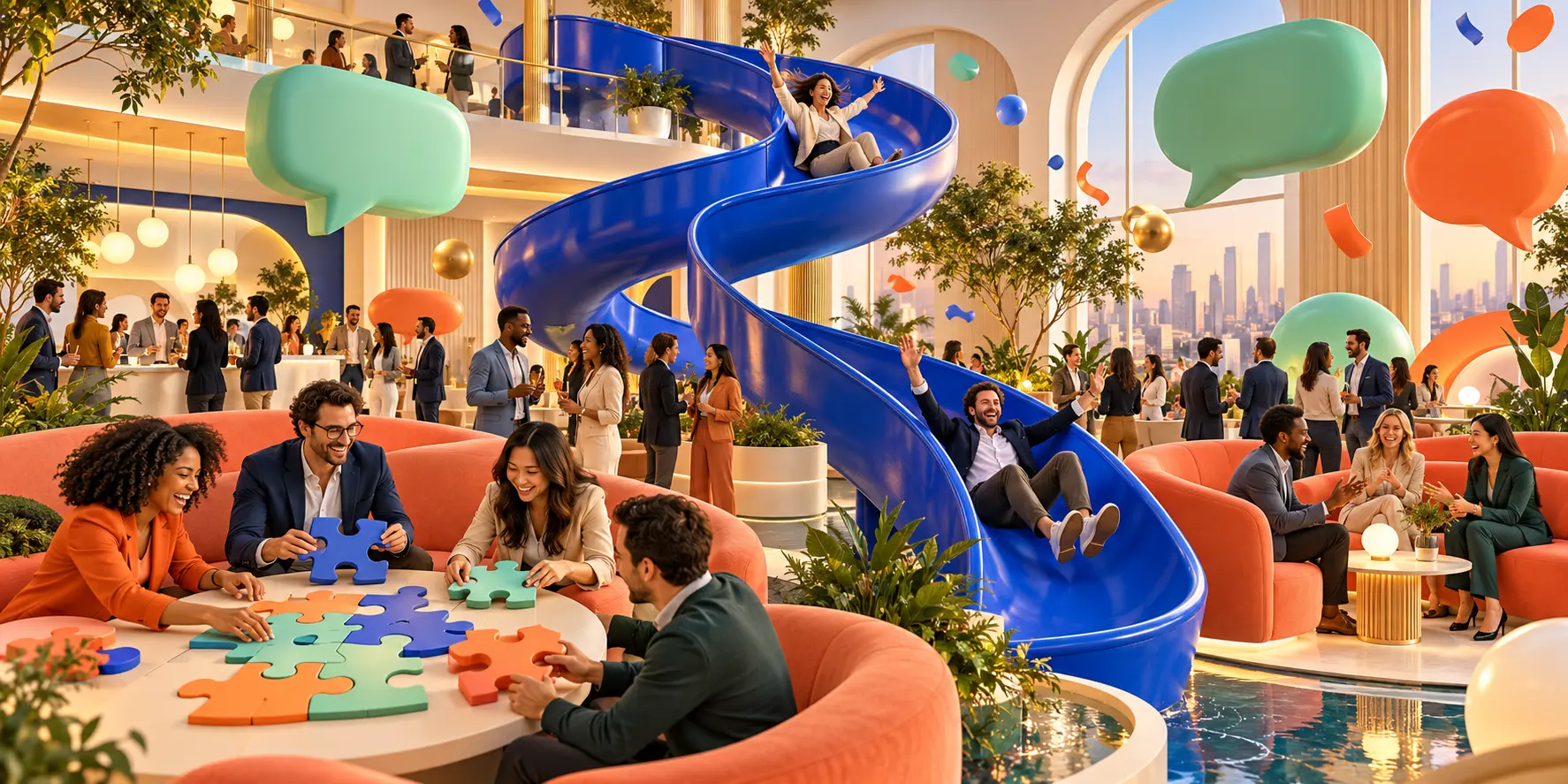Une soirée de réseautage d'entreprise réinventée en un terrain de jeu pour adultes — avec un toboggan bleu géant, des puzzles collaboratifs et des bulles de dialogue flottantes.