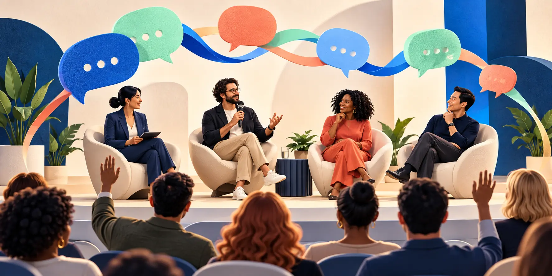 Four panelists exchange ideas on a warm cream stage while audience members raise their hands. Oversized blue, coral, and mint speech bubbles weave overhead, turning the conversation into a playful vis
