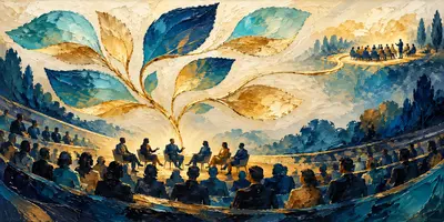 An oil-style painting transforms a conference auditorium into a turquoise harbor. Coral and ivory paper boats carry audience questions toward a warmly lit speaker, guided by a golden lantern.