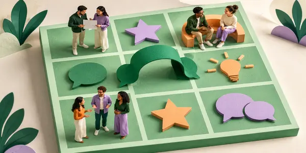 Un bingo géant en papier accueille des participants miniatures entre des bulles de conversation, des étoiles et un pont vert reliant les cases.