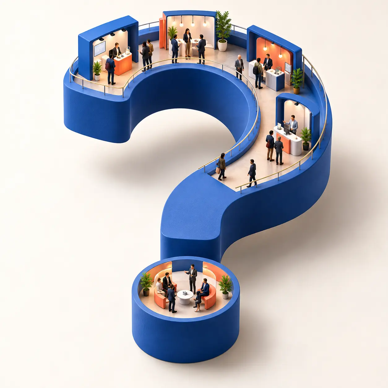 A miniature trade show curves around a giant blue question mark, with exhibition booths above and a roundtable in the dot below. The image represents the visitor questions that guide better content an