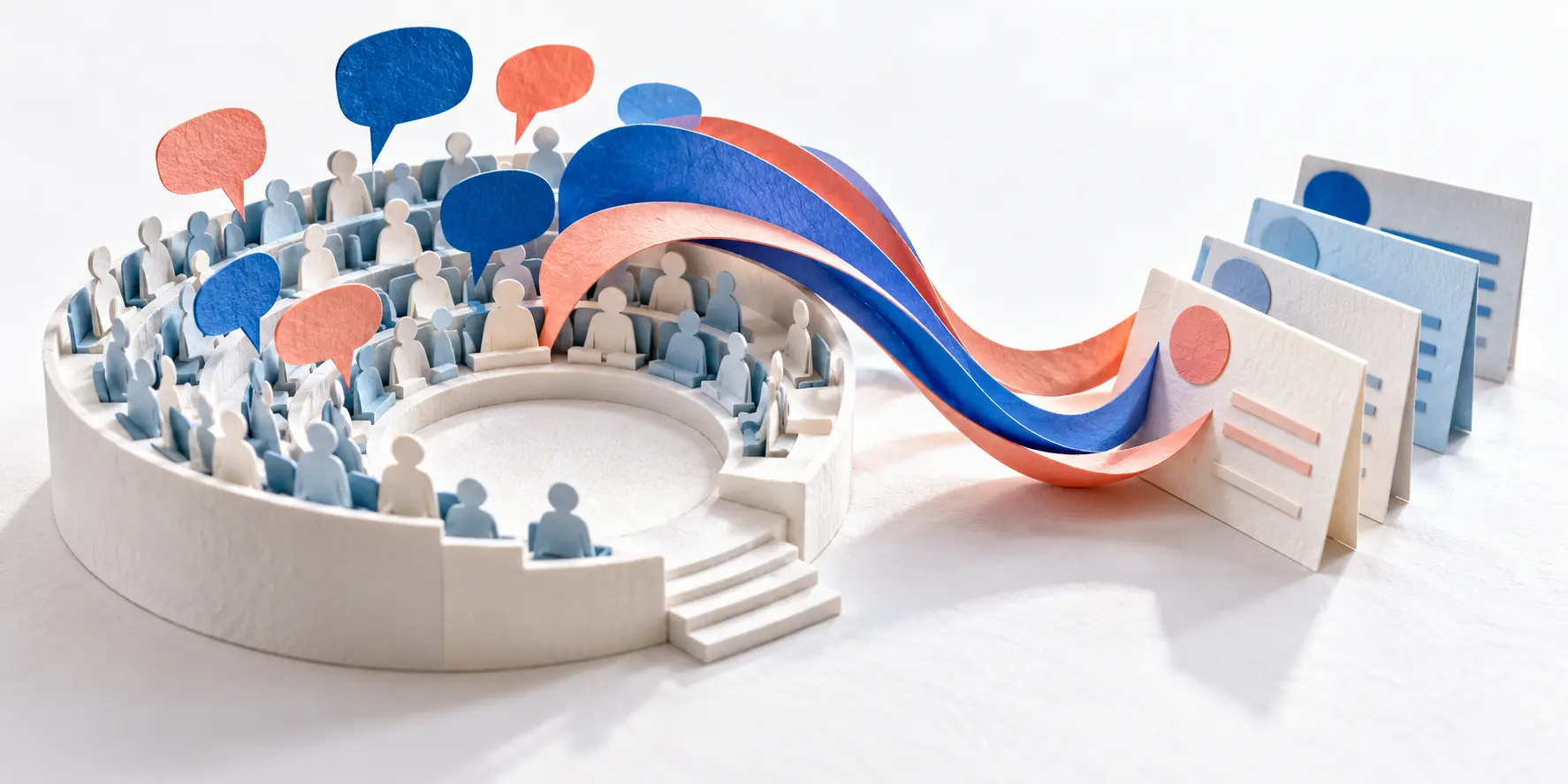 A miniature paper auditorium with blue and coral speech bubbles flowing through curved ribbons into planning cards, illustrating how audience questions shape better future events.