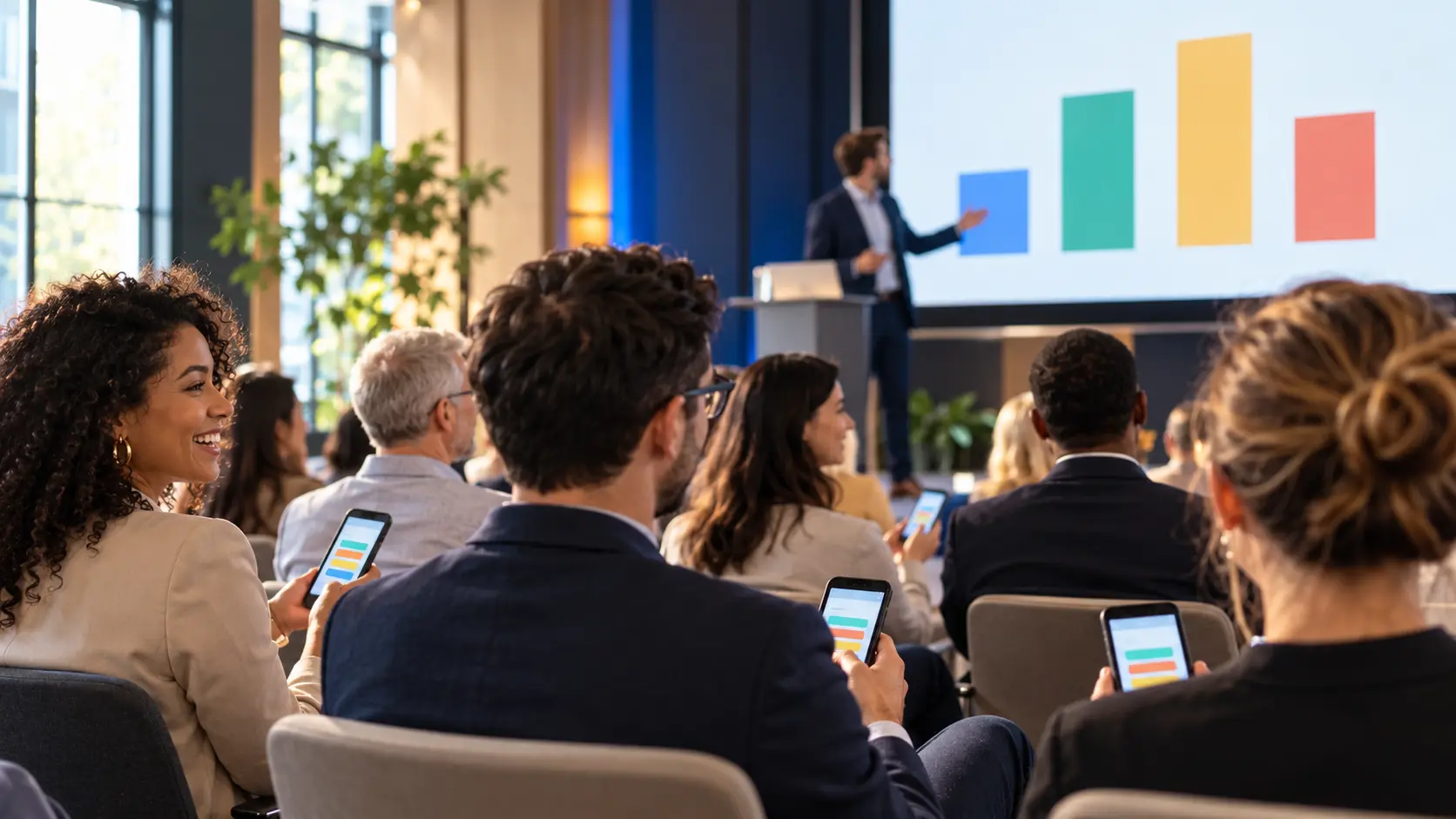 Attendees answer a live poll on their phones while a presenter discusses the results on screen.