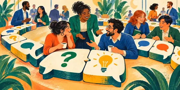 A playful illustration of professionals meeting around oversized domino tables decorated with speech bubbles, question marks and lightbulbs.