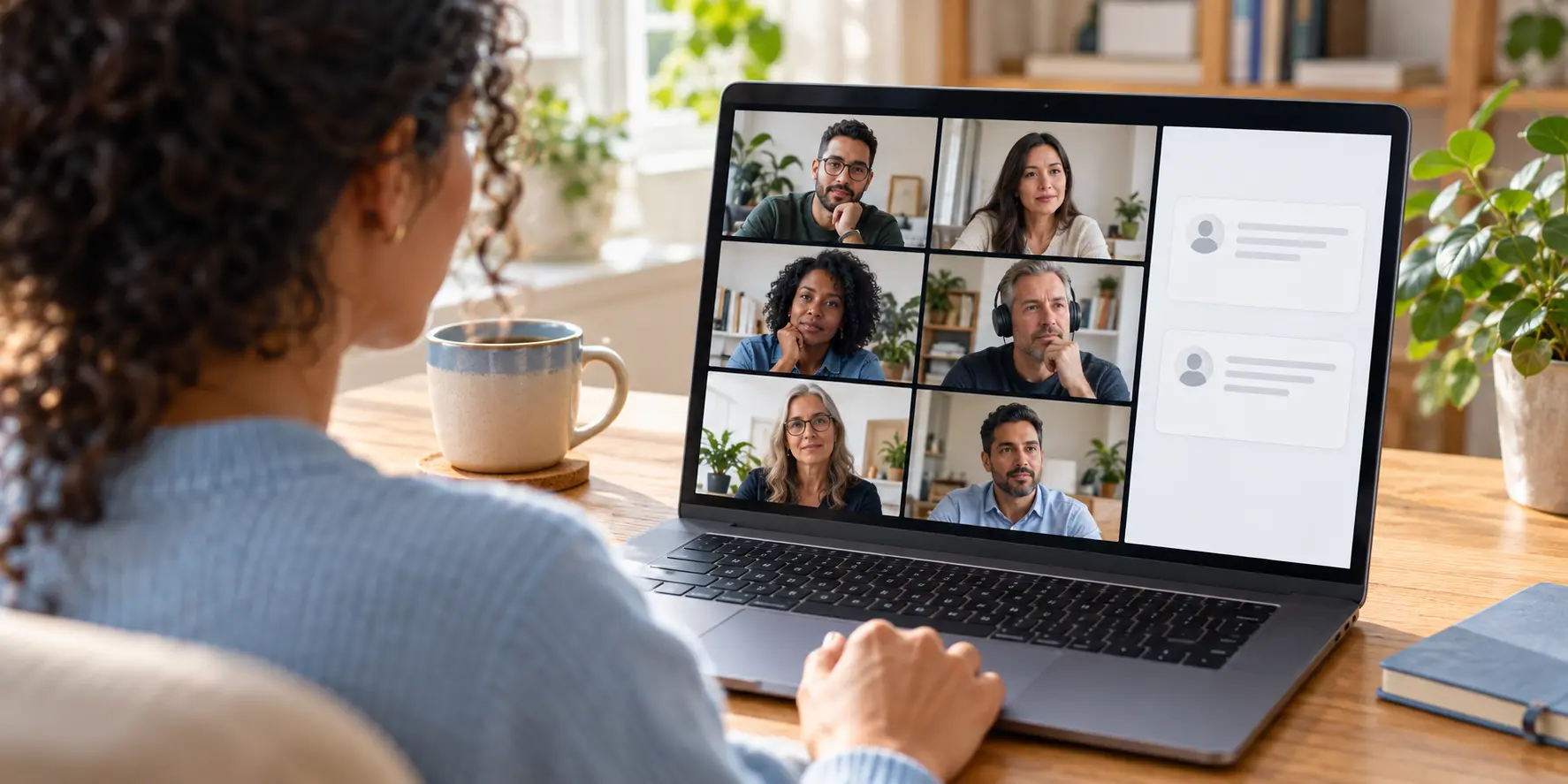 Une employée participe à un town hall en ligne depuis son bureau, avec six collègues en visioconférence et un espace de questions sur son ordinateur.