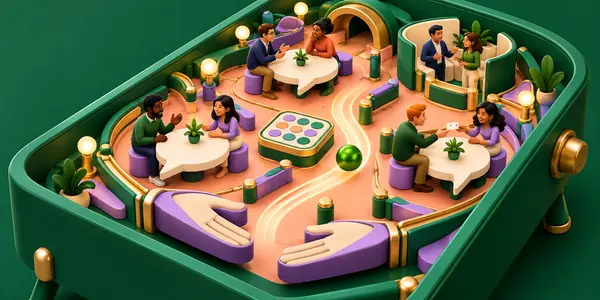 A miniature pinball machine becomes a networking lounge, with speech-bubble tables, a bingo tile, and attendees exchanging contact cards. A bright green ball travels between conversations. Tactile cla
